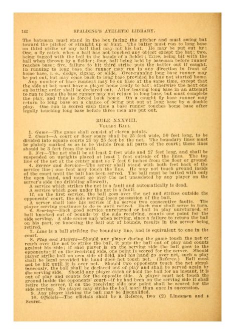 An excerpt from 1918 “Volley Ball” rules from official handbook of the Public athletic league, Baltimore, Md
